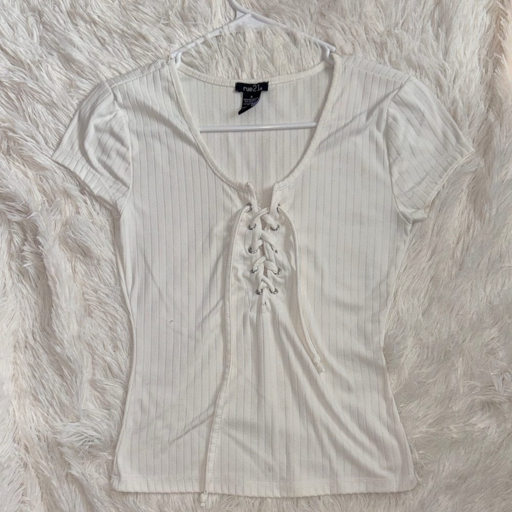 Rue21 Cream Ribbed Lace-Up Short Sleeve Top